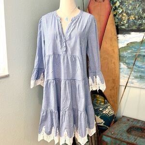 Hallhuber,Lace-Trimmed,Softened Blue & White Striped Dress,ButtonV-Neck,Size 12